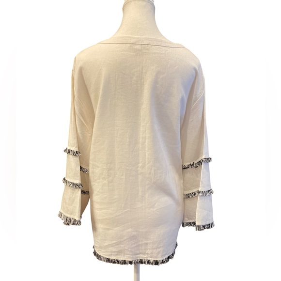 White Linen Blend Fringe Sleeve Top Boho Chic Blouse Cynthia Rowley Women’s 1X - Picture 4 of 11
